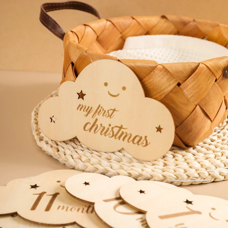 Spanish Alphabet Baby  Wooden Milestone Number Month Memorial Cards Items Cute Cloud Shape Newborn Photography Accessories Props