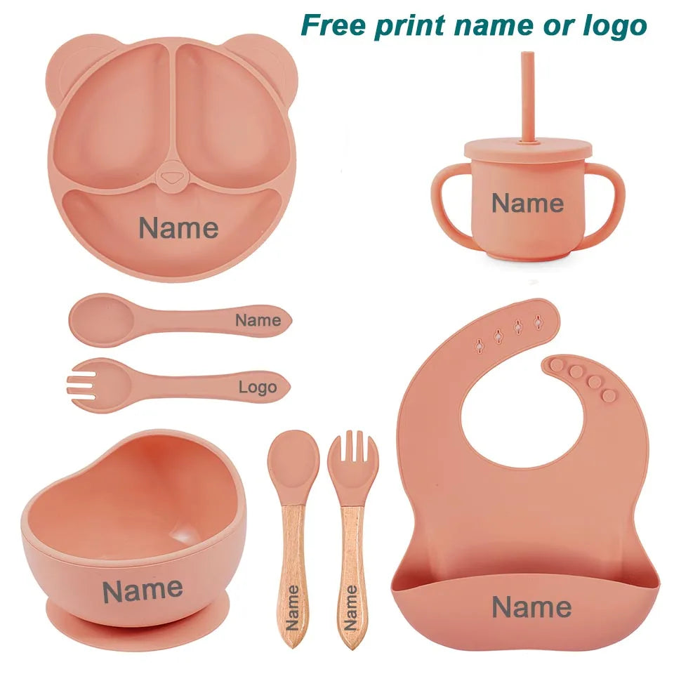 Feeding Set Silicone For Baby Sucker Bowl Dishes Plate For Kids Bear Plate Set Baby Tableware Children's Cup With Straw 8Pcs