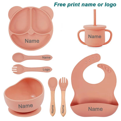 Feeding Set Silicone For Baby Sucker Bowl Dishes Plate For Kids Bear Plate Set Baby Tableware Children's Cup With Straw 8Pcs