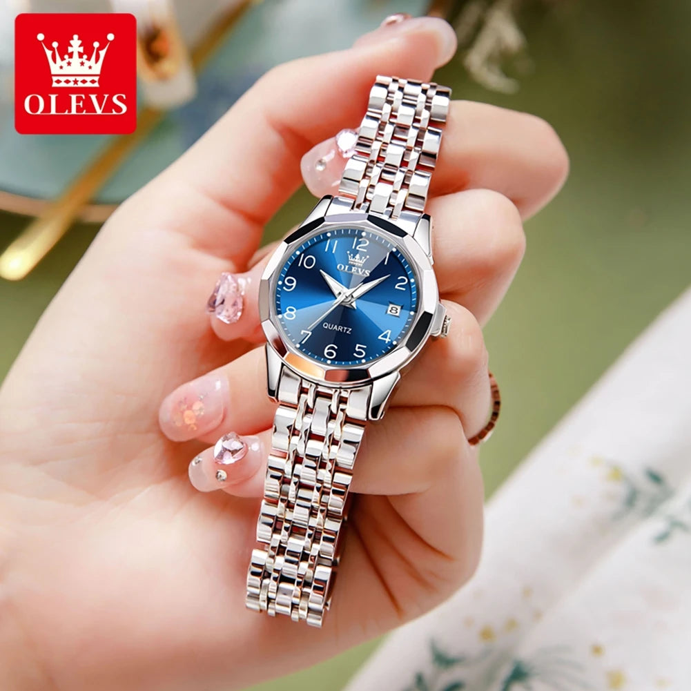 OLEVS 9970 Couple Watch For Men Women Luxury Number Dial Rhombus Mirror Quartz Hand Clock Stainless Steel Original Dress Watches