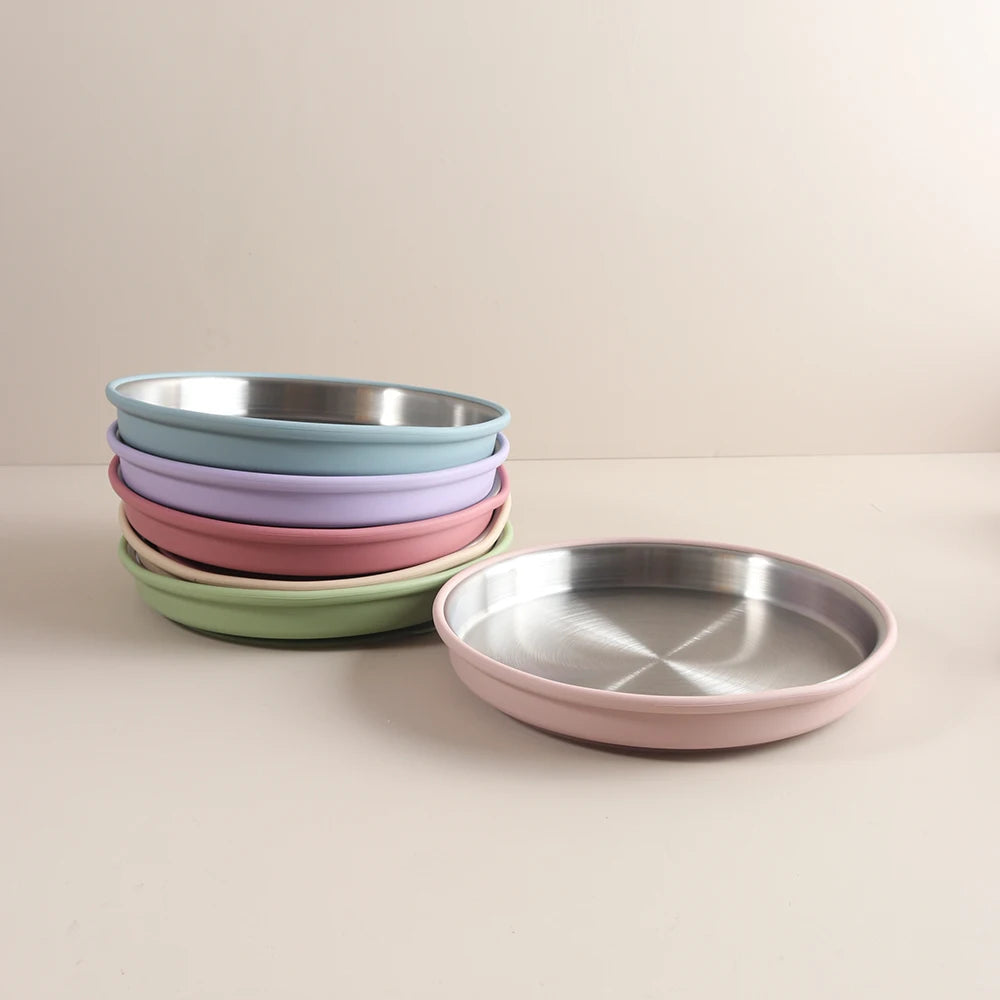 Simple design Stainless Steel Baby Plate with Silicone Suction,  Large Double Layer Dinner Plate for Toddlers