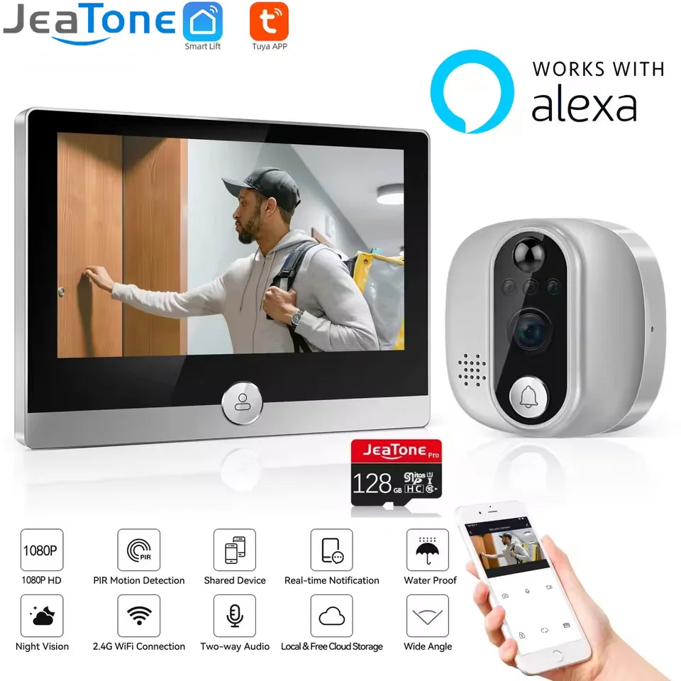 Jeatone Alexa Tuya Smart WiFi Video Peephole 1080P/158° Doorbell Camera For Home 4.3" LCD Screen 24H PIR Movement Detection Eye