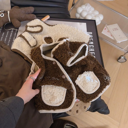 Autumn Winter Baby Lamb Wool Warm Waistcoat Girls Bunny Ears Plush Vest Single Breasted Layer Child Warm Fashion Warm Coat