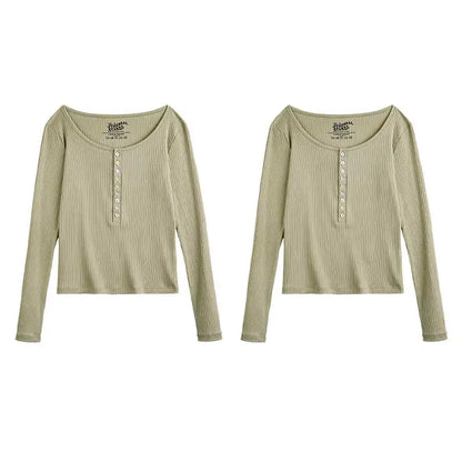 Maden Women’s Slim Fit Henley Shirt Ribbed Knit Long Sleeve T-shirt O-Neck Layering Top Solid Color Autumn Winter Inner Wear