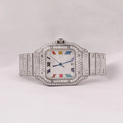 White Gold Round Shape Diamond Watch Arabic Dial for Partywear Men's Quartz Watch Available at Affordable Price