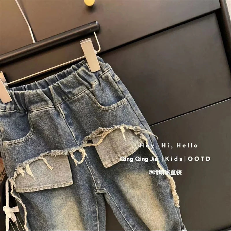 Boys Jeans Children Spring Denim Autumn New Fashion Straight Pants 2025 Kids Loose Casual Elastic Trousers 2-8 Years Old