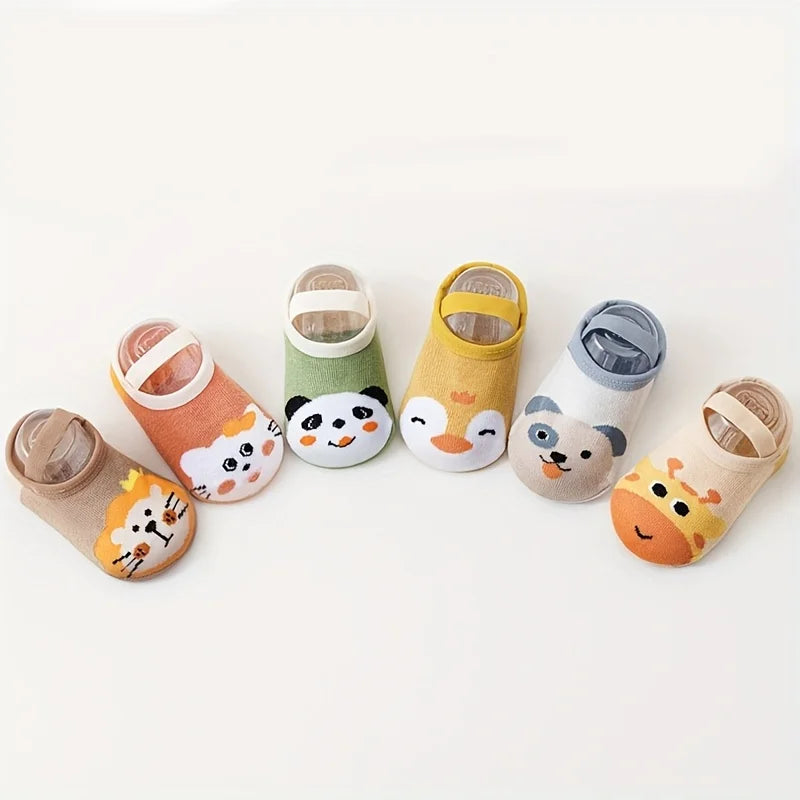 6 pairs of boys and girls' anti slip socks with cute cartoon animal patterns, comfortable and breathable baby floor socks