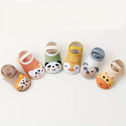 6 pairs of boys and girls' anti slip socks with cute cartoon animal patterns, comfortable and breathable baby floor socks