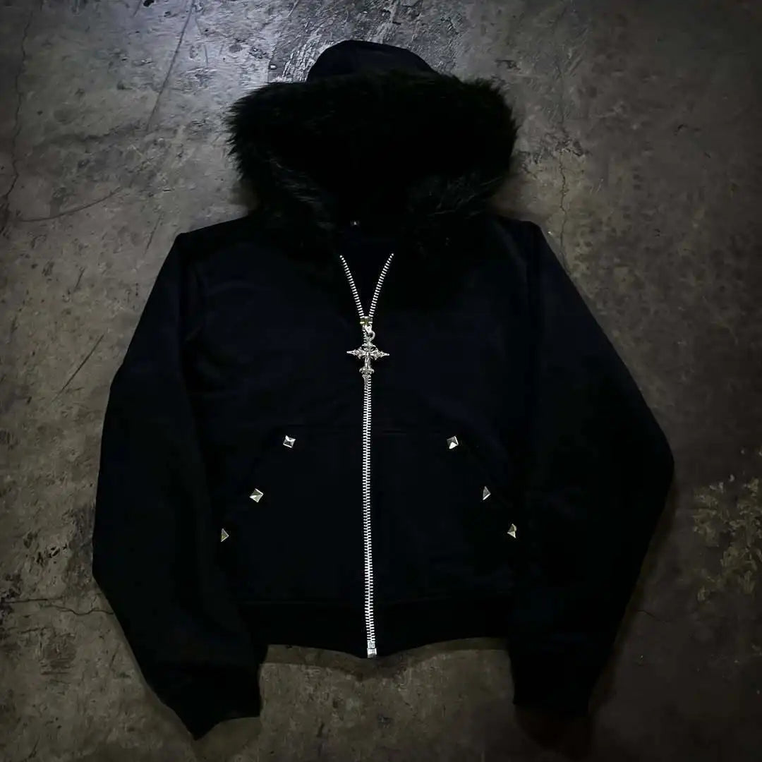 Y2K Sherpa Fleece Zip Up Hoodie Oversized Retro Streetwear Vintage 2000s Winter Warm Unisex Hooded Sweatshirt Women Men