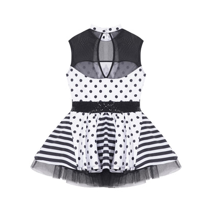 Girls Jazz Latin Ballet Dance Dress Polka Dots Print Mesh Sequin Bowknot Tutu Dress Birthdays Party Wedding Flower Girl Dresses
