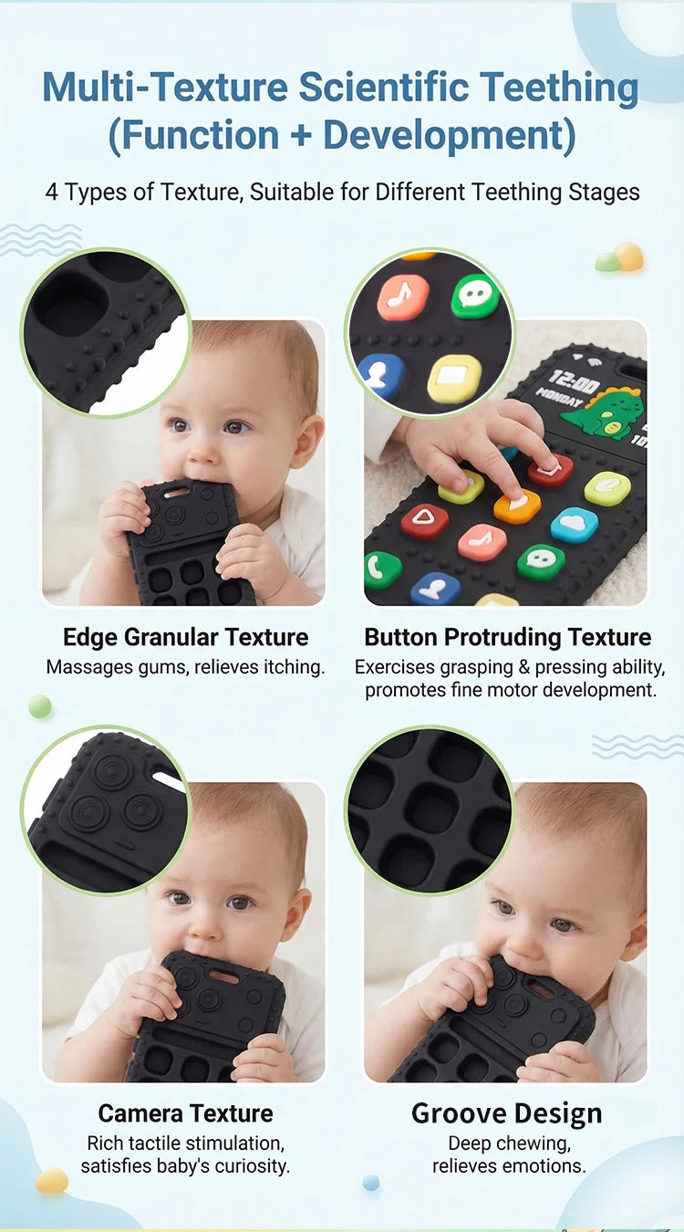 Baby Dinosaur Phone Teething Toy Food Grade Silicone Chew Molar Stick BPA Free Boilable Cute Toddler Teether Soothing Gum Relief