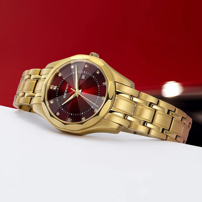 BERNY Golden Watch for Women Quartz Luxury Diamond Shape Lens Ladies Wristwatch Waterproof Stainless Steel Fashion Women Watch