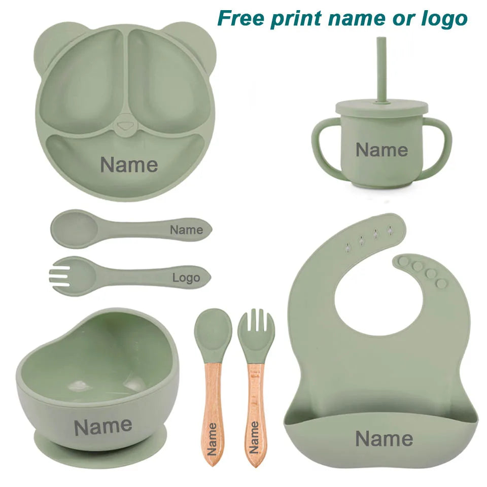 Feeding Set Silicone For Baby Sucker Bowl Dishes Plate For Kids Bear Plate Set Baby Tableware Children's Cup With Straw 8Pcs