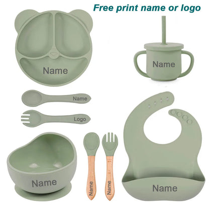 Feeding Set Silicone For Baby Sucker Bowl Dishes Plate For Kids Bear Plate Set Baby Tableware Children's Cup With Straw 8Pcs
