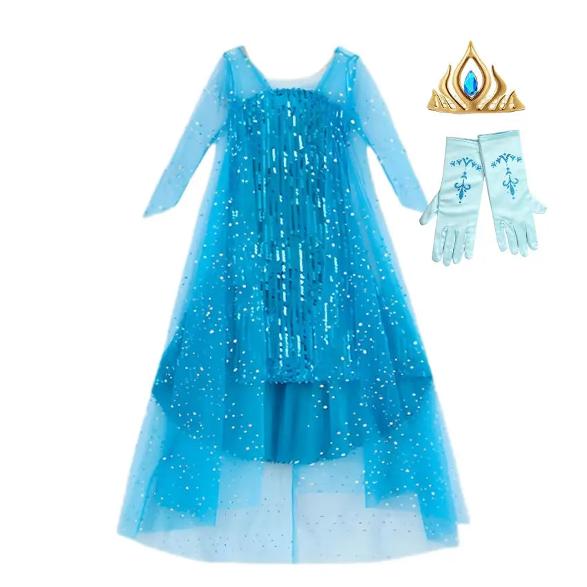 Girl Stunning Princess Maxi Dress All Body Sequin Covered Blue Train Sparkly Tulle Costume Snow Queen Party Elsa Cosplay Outfit