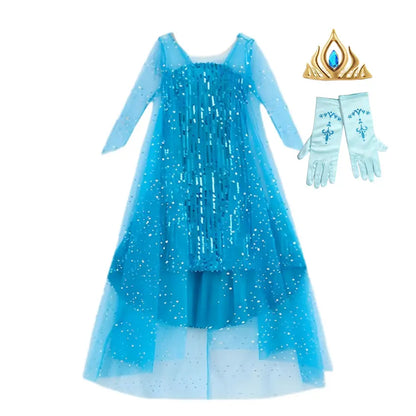Girl Stunning Princess Maxi Dress All Body Sequin Covered Blue Train Sparkly Tulle Costume Snow Queen Party Elsa Cosplay Outfit