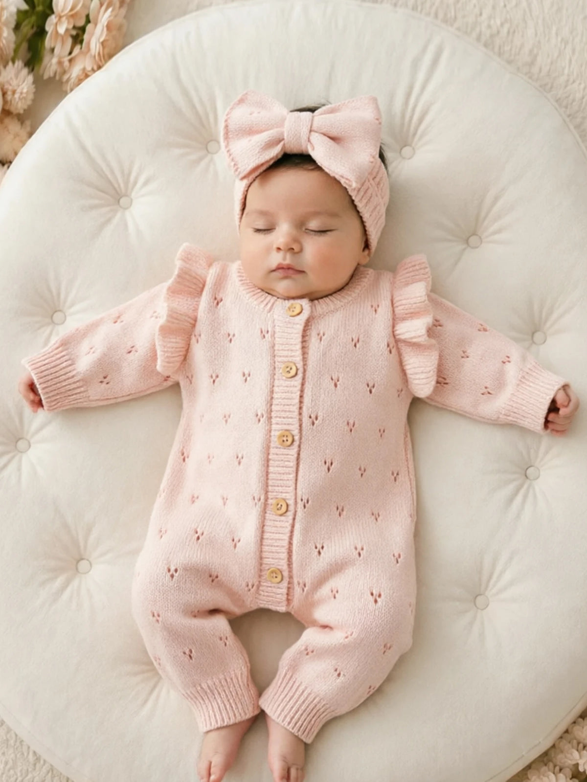 YlsteeeNewborn Baby Girl Knitted Romper Set with Bow Headband, Ruffle Sleeve Heart Knit Jumpsuit for 0-3M Photography Daily Wear