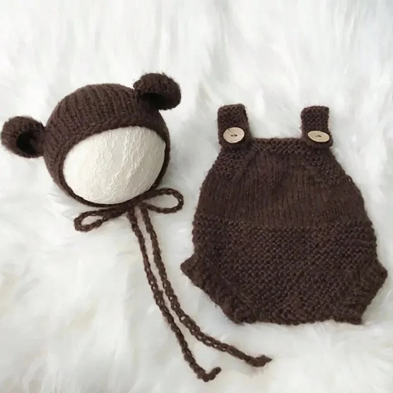Handmade Crochet Newborn Photography Props Set Cute Soft Knitted Romper with Hat Baby Boy Girl Photo Shoot Outfit Costume
