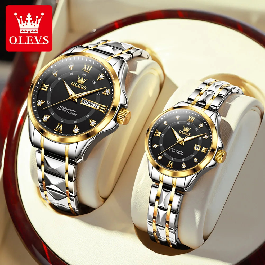 OLEVS 2906 Fashion Date Quartz Couple Watches Diamond Top Brand Luxury Watch For Men Women Waterproof Stainless Steel Wristwatch