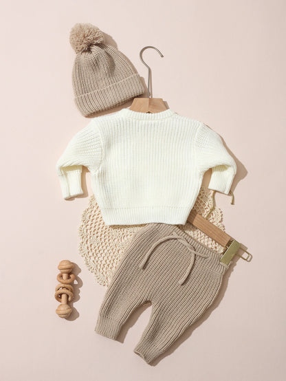 Ylsteed 3 Pcs Set Knitting Newborn Boy Photography Clothes "Just Arrived" Embroidery Khaki Baby Outfits Sweater Baby Shower Gift