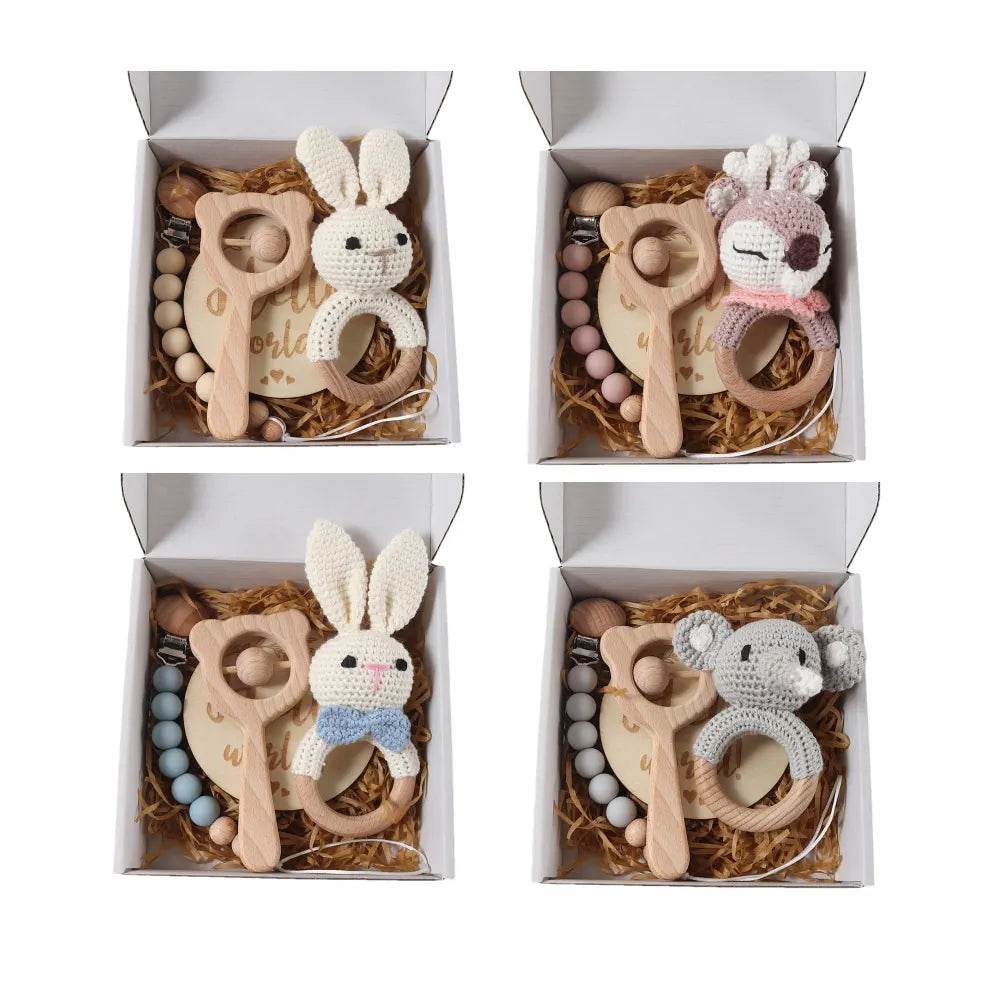 4pcs Newborn Gift Set - Baby Crochet Rattle Pacifier Clip, Teether, - Bunny Teether Elephant Toy Photography Background Set