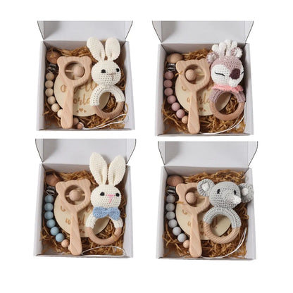 4pcs Newborn Gift Set - Baby Crochet Rattle Pacifier Clip, Teether, - Bunny Teether Elephant Toy Photography Background Set