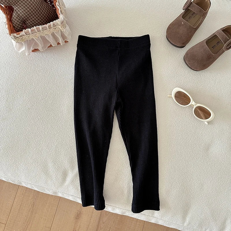Children's Solid Color Leggings Cotton Ribbed Toddler Pants Versatile Inner Outer Wear Gender Neutral Kids Trousers
