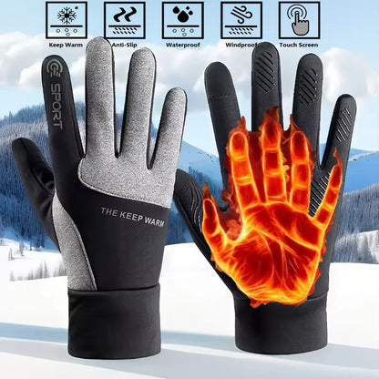 Men Winter Outdoor Warm Full Finger Gloves Waterproof Anti-Slip Touch Screen Compatible Cycling Sports Gloves Thickened Warm