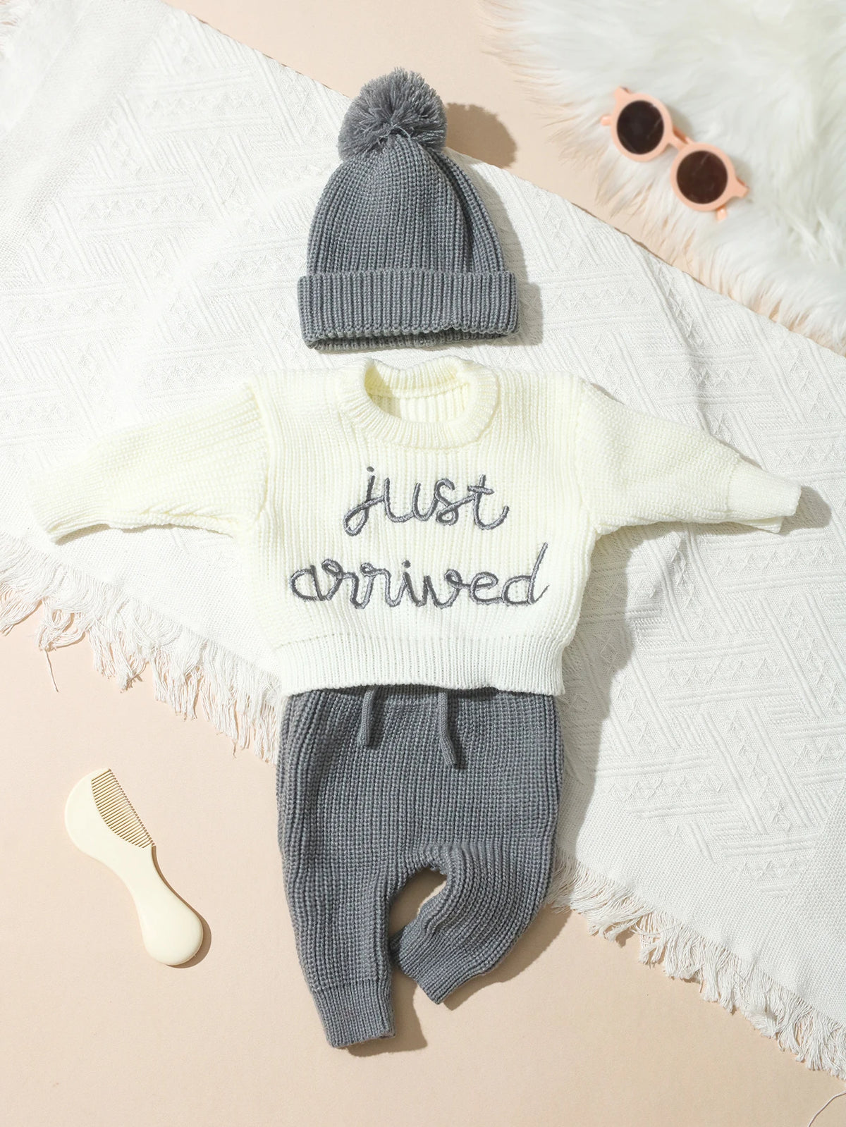 Ylsteed 3 Pcs Set Knitting Newborn Boy Photography Clothes "Just Arrived" Embroidery Khaki Baby Outfits Sweater Baby Shower Gift