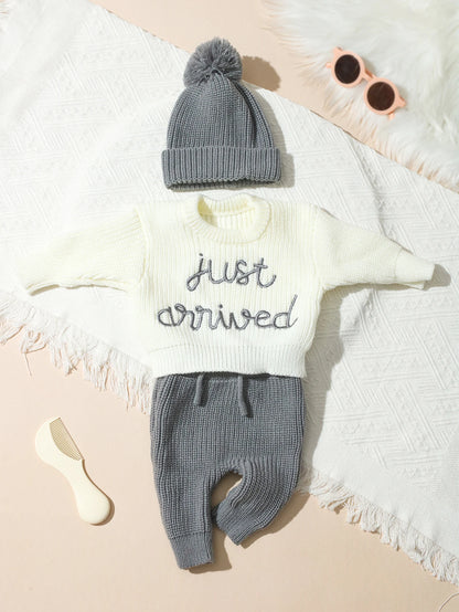 Ylsteed 3 Pcs Set Knitting Newborn Boy Photography Clothes "Just Arrived" Embroidery Khaki Baby Outfits Sweater Baby Shower Gift