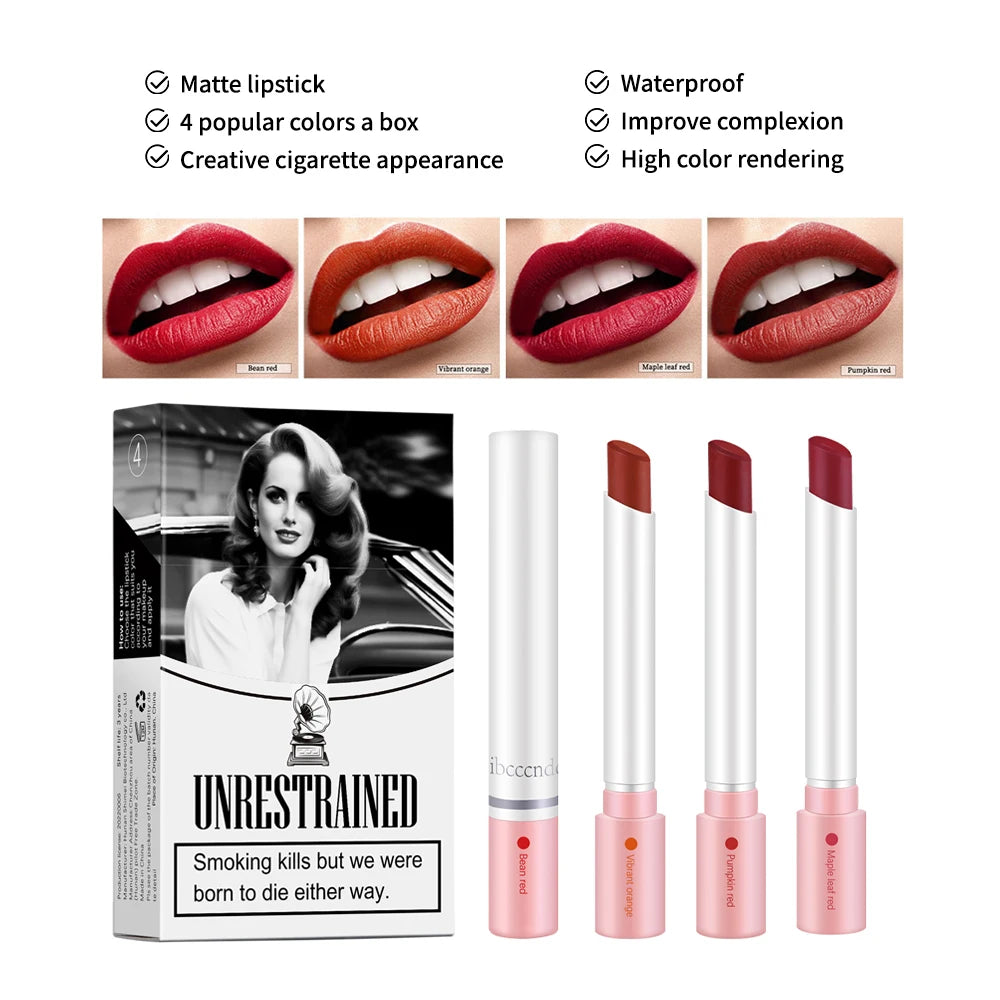 4PCS/Set Creative Cigarette Lipstick Set Matte Long Lasting Waterproof Matt Lip Stick Tube Nude Red Velvet Lip Tint Makeup