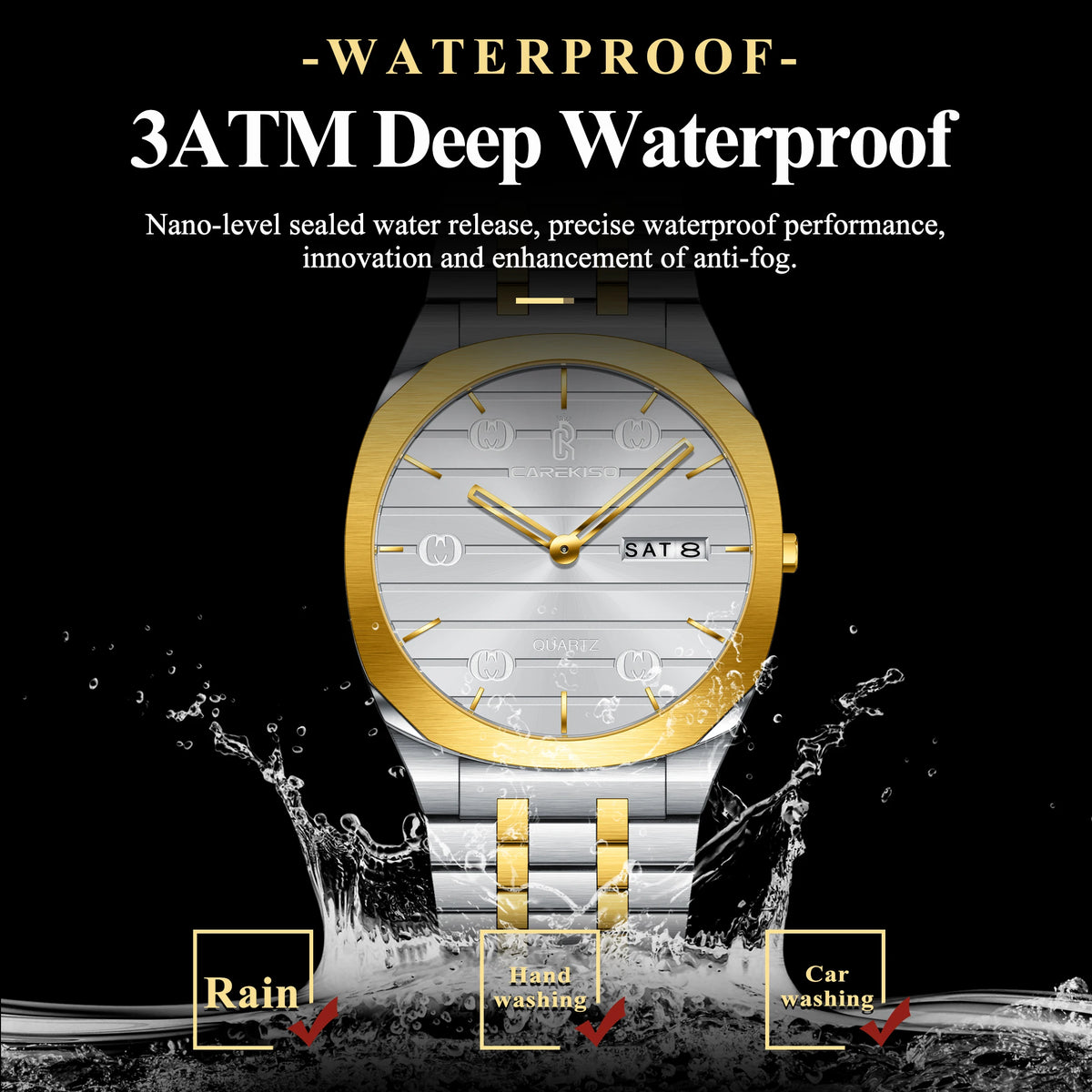 CAREKISO Luxury Fashion Men Clock Waterproof Week Date Casual Man Wristwatch Stainless Steel Quartz Business Men's Watches Reloj