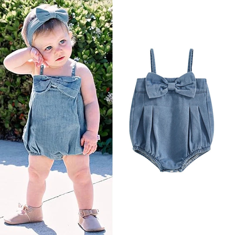 FOCUSNORM 0-18M Lovely Baby Girls Denim Romper Sleeveless Square Neck Bow Front Strap Jumpsuits Newborn Playsuit