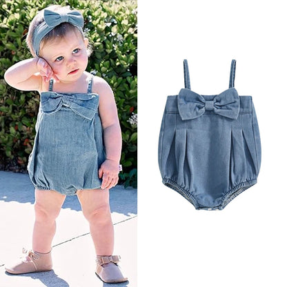 FOCUSNORM 0-18M Lovely Baby Girls Denim Romper Sleeveless Square Neck Bow Front Strap Jumpsuits Newborn Playsuit