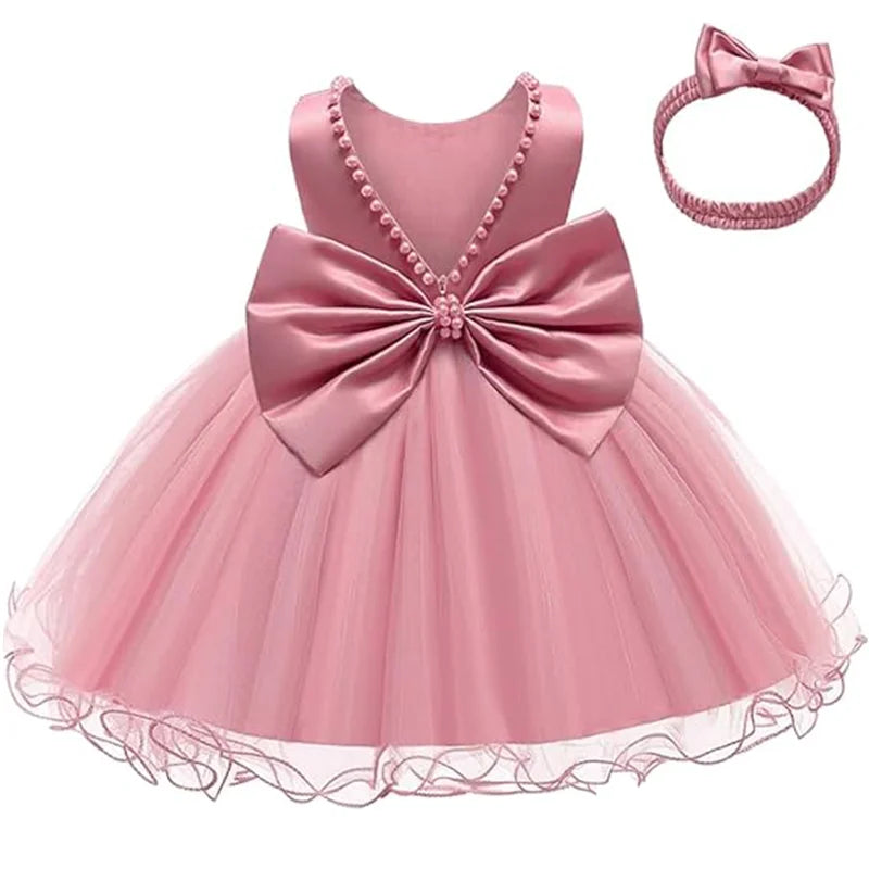 Infant Baby Tulle Backless Pageant Wedding Party Flower Girls Big Bow Dress With Headwear For Toddler Baptism Birthday Prom Gown