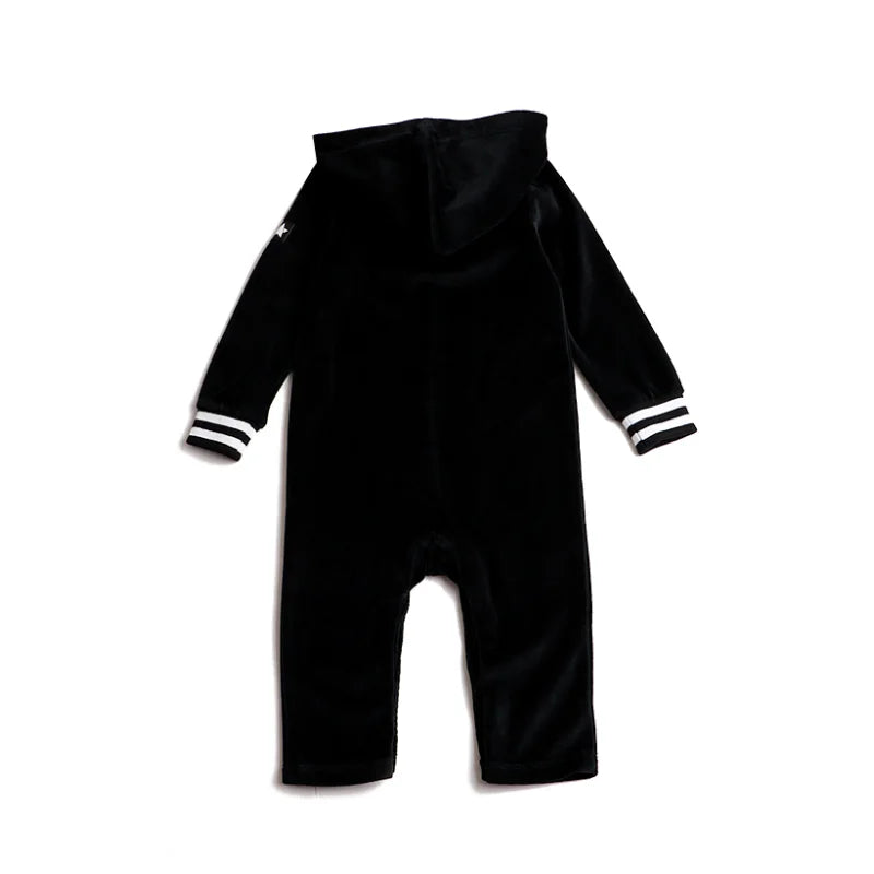AA-Velour Hooded Set Tired Dress with Hooded Lining Striped Shirt and baby Footie Romper Ribbed Family Clothing Dress for Girls
