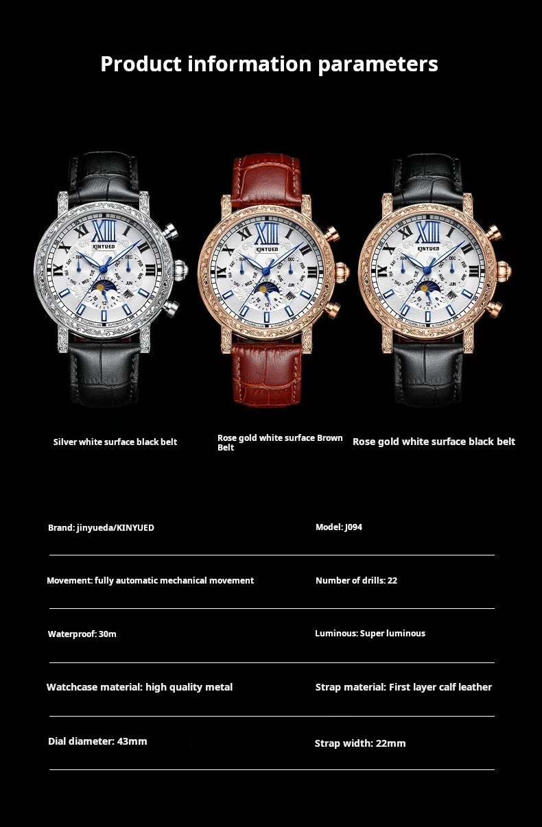 KINYUED Brand Luxury Men's Moon Phase Automatic Mechanical Watch Leather Strap Waterproof Week Date Casual Dress Wrist Watches