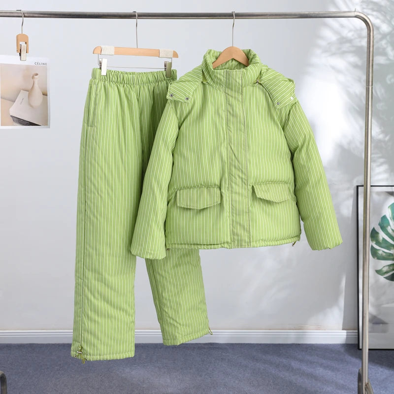 Casual Women's Stripe Set With Hat Full Sleeve Cotton Padded Coat Straight Pants Female Loose Sets 2026 Autumn Winter Lady Suit