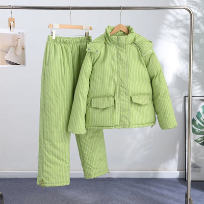 Casual Women's Stripe Set With Hat Full Sleeve Cotton Padded Coat Straight Pants Female Loose Sets 2026 Autumn Winter Lady Suit