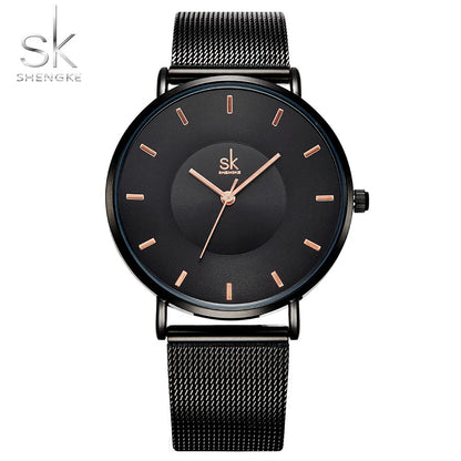 Shengke Fashion Black Watch for Women Classic Relogio Feminino Quartz Ladies Watch Woman Adjustable Mesh Strap Montre Femme