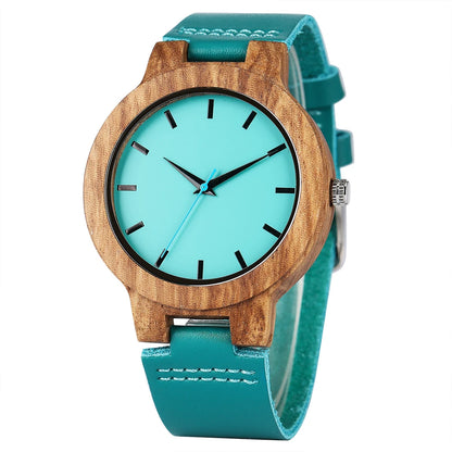 Unique Blue Genuine Leather Quartz Watch Men Women Fashion Minimalist Zebrawood Watch Case Couple Wristwatches Anniversary Gift