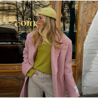 Women Olive Green Oversized Coat Notched Lapel Double Breasted Straight Outerwear Vintage Fall Winter Daily 2026 Office Outfit