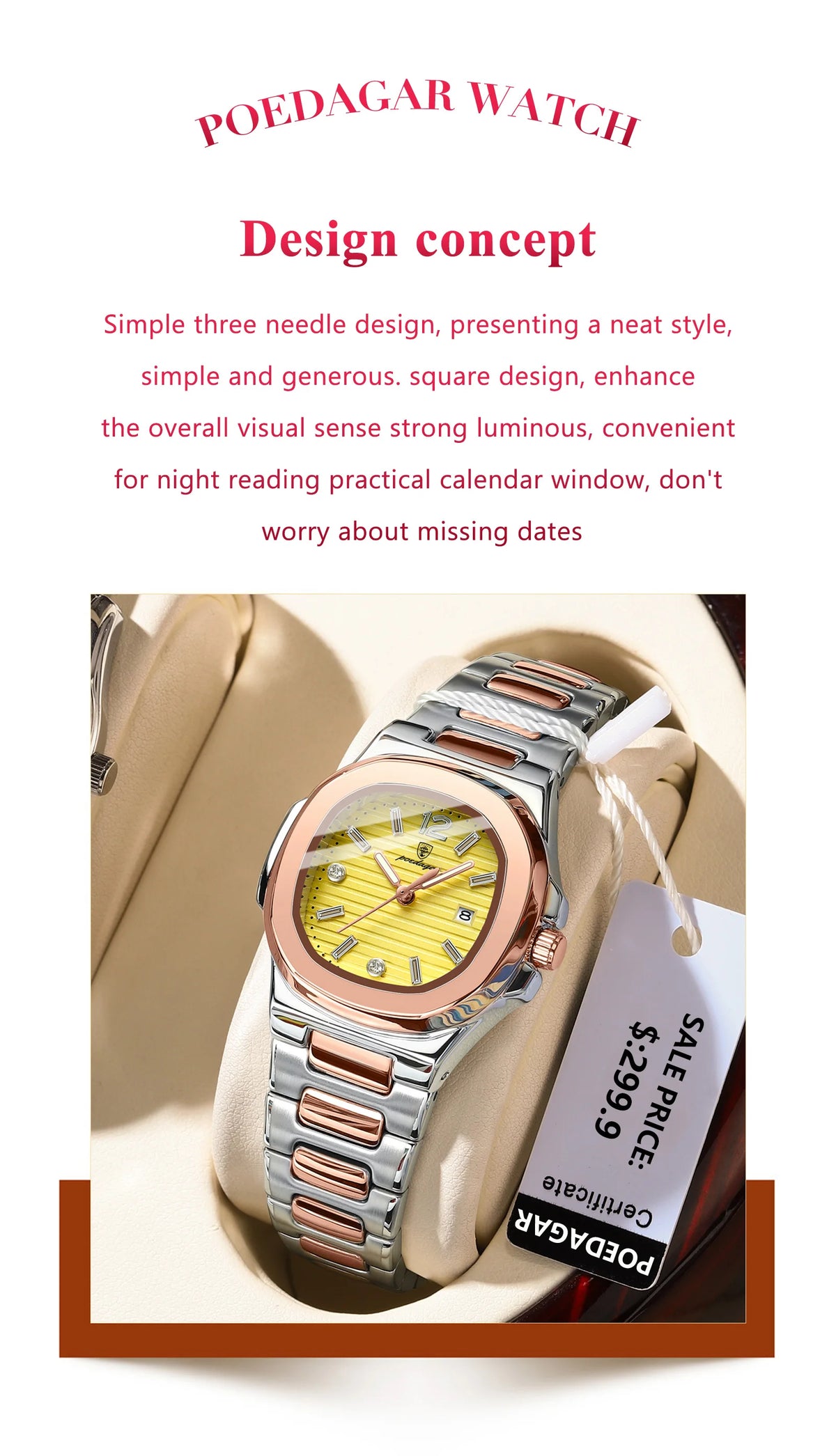 POEDAGAR Luxury Watch For Woman Square Ladies Quartz Watch Luminous Waterproof Date Women's Watches Dress Female Clock reloj+box