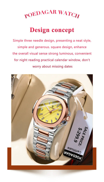POEDAGAR Luxury Watch For Woman Square Ladies Quartz Watch Luminous Waterproof Date Women's Watches Dress Female Clock reloj+box