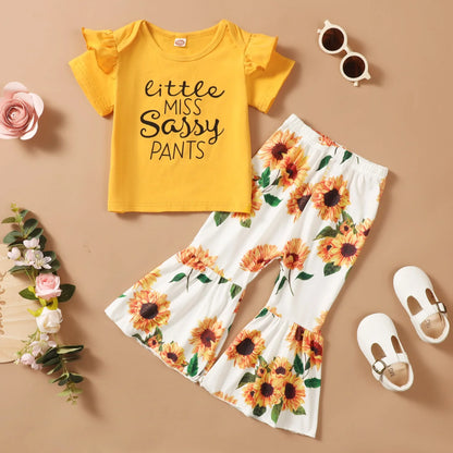 2PCS Fashion Clothes Set Toddler Girl Short Sleeve Top+Sunflower Flare Pants Summer Clothing Outfits for Kids Girl 1-5Years