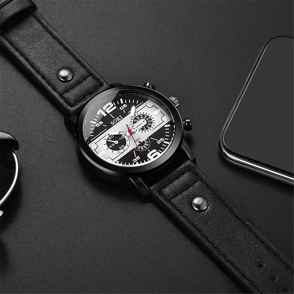 Sleek Men’s Watch Chic Brown Leather Band Quartz Watch Modern Black White Orange Three Eye Contrast Color Chronograph Wristwatch