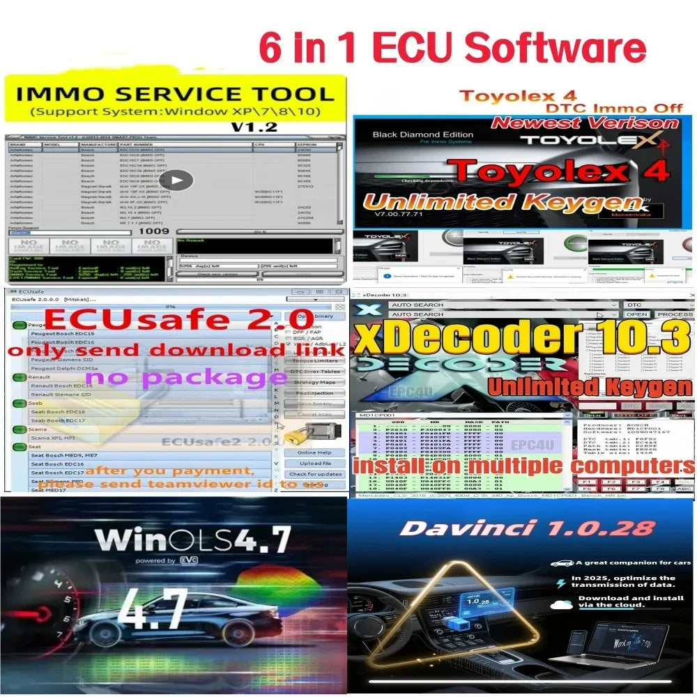 6 IN 1 ECU Software WinOLS 4.7 XDecoder 10.3 ECUsafe 2.0 TOYOLEX 4 DaVinci 1.0.28 IMMO SERVICE TOOL V1.2 Car Repair Software