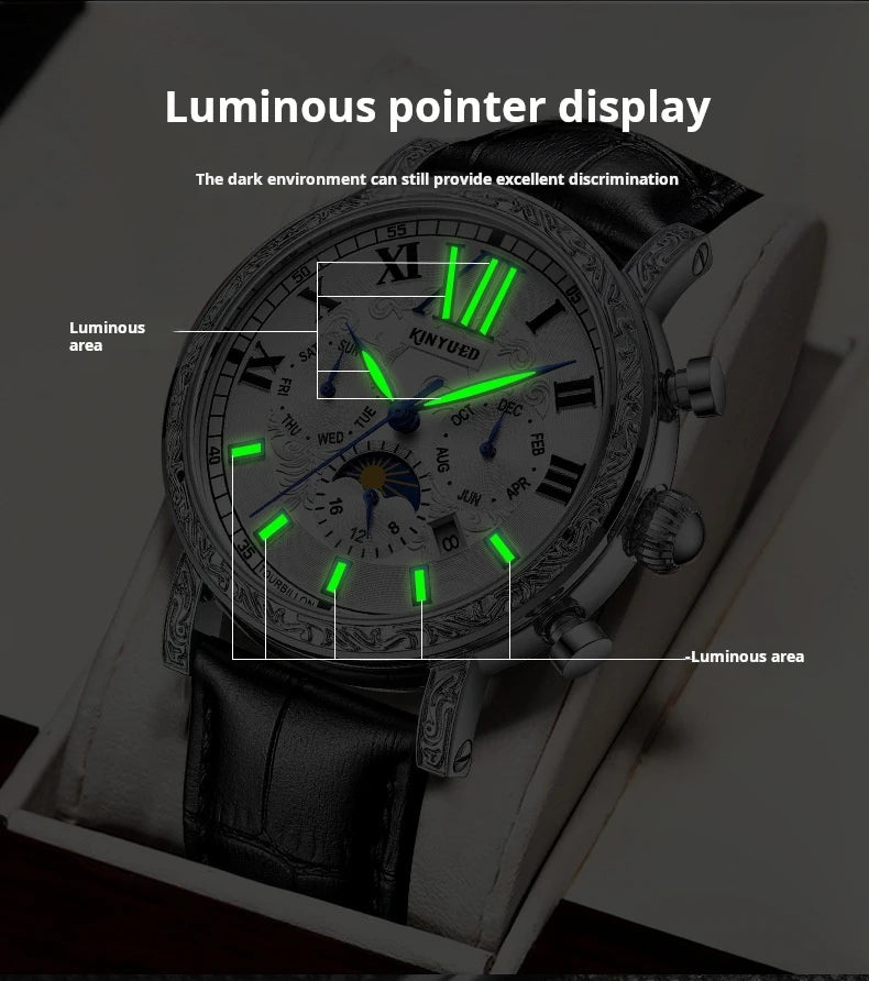 KINYUED Brand Luxury Men's Moon Phase Automatic Mechanical Watch Leather Strap Waterproof Week Date Casual Dress Wrist Watches