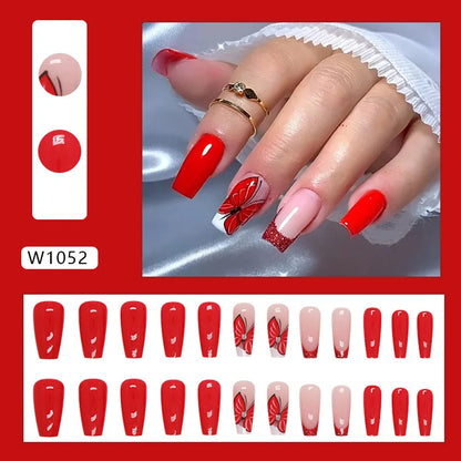 Blue French 24 Pcs Press on Nails Pink Gradient Fake Nails Glossy Artificial Finger Manicure Reusable False Nails