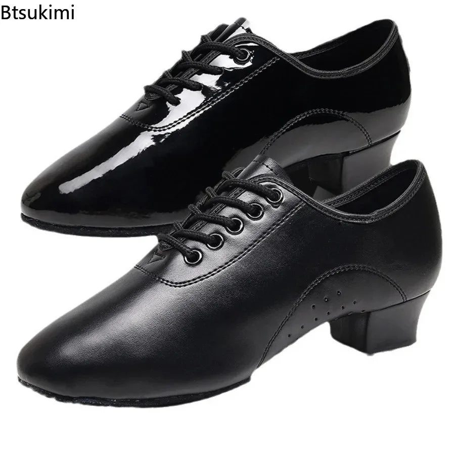 Children Latin Dance Shoes Boy Men Professional Leather Latin Shoes Black Soft Sole Kids Low-heeled Social Modern Dance Shoes